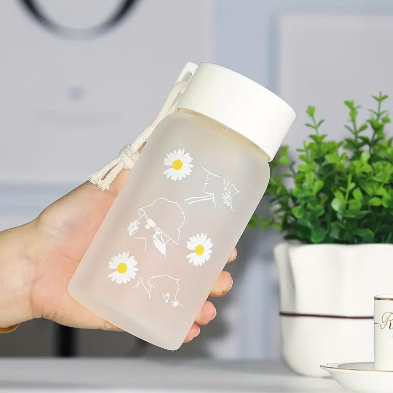 1pc Little Daisy Matte Glass Water Bottle with Rope