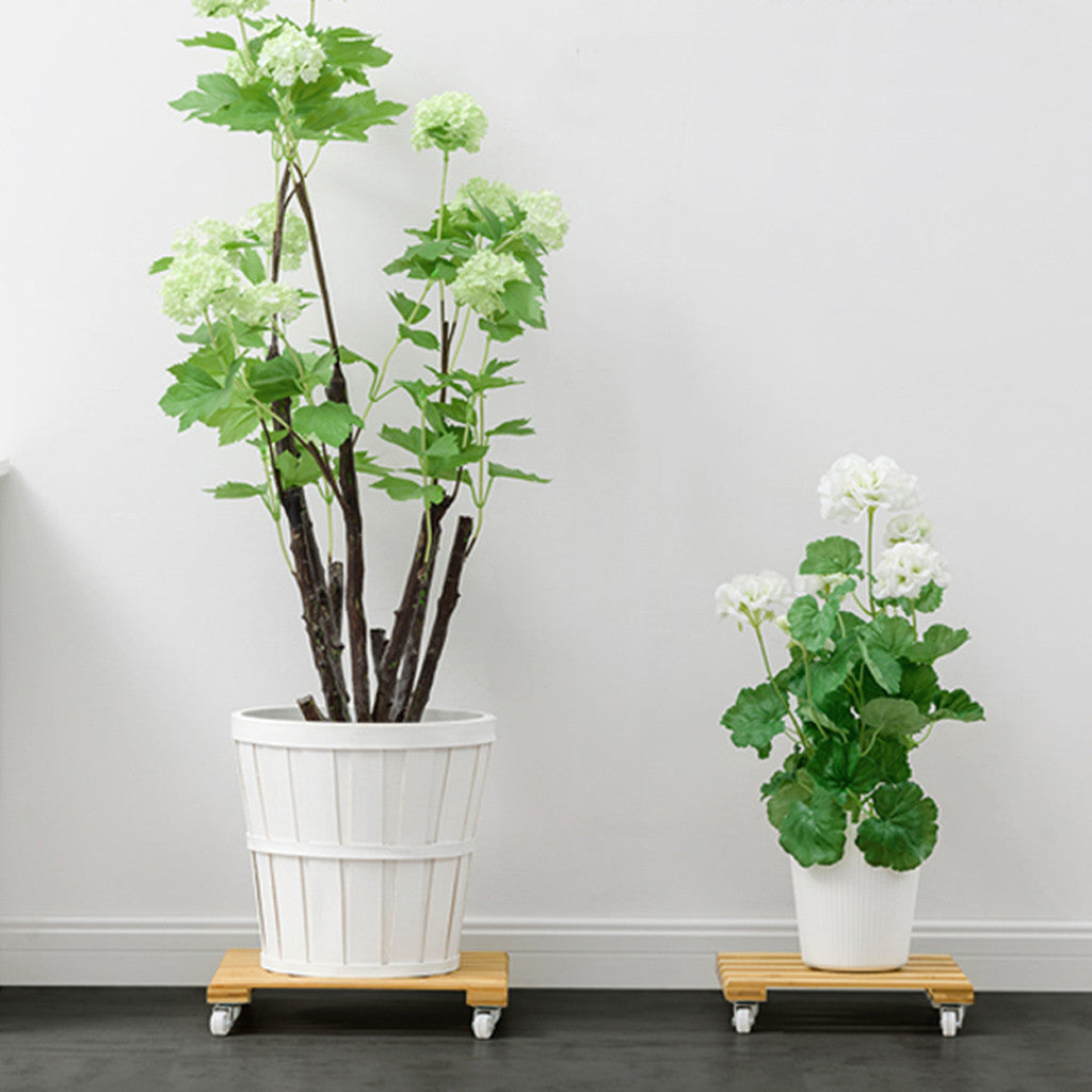 Large Bamboo Plant Pot Tray with Wheels and Thick Base